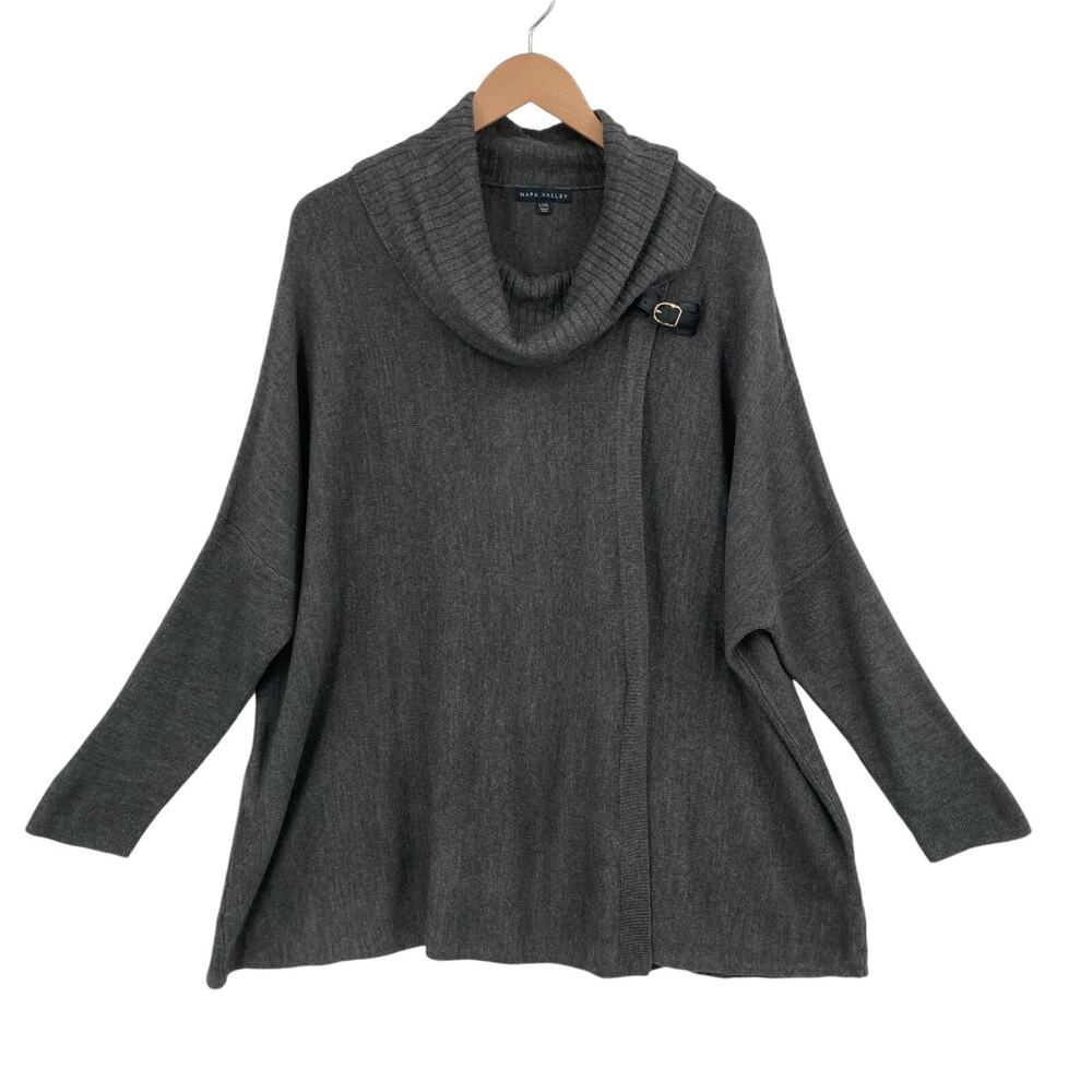 Napa Valley Sweater Womens L/XL Gray Heather Knit Faux Wrap Buckle Dolman Sleeve
